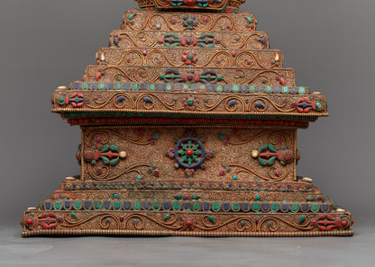 Copper Stupa Tibetan Altar | Reverence and Majesty in 24k Gold-Plated Splendor