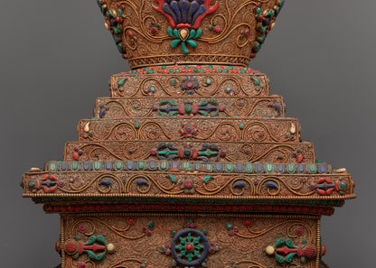 Copper Stupa Tibetan Altar | Reverence and Majesty in 24k Gold-Plated Splendor