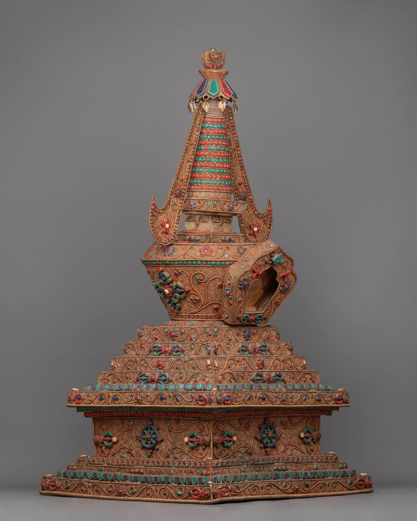 Copper Stupa Tibetan Altar | Reverence and Majesty in 24k Gold-Plated Splendor