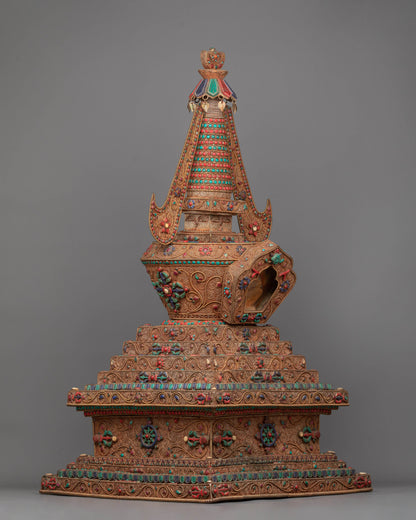 Copper Stupa Tibetan Altar | Reverence and Majesty in 24k Gold-Plated Splendor