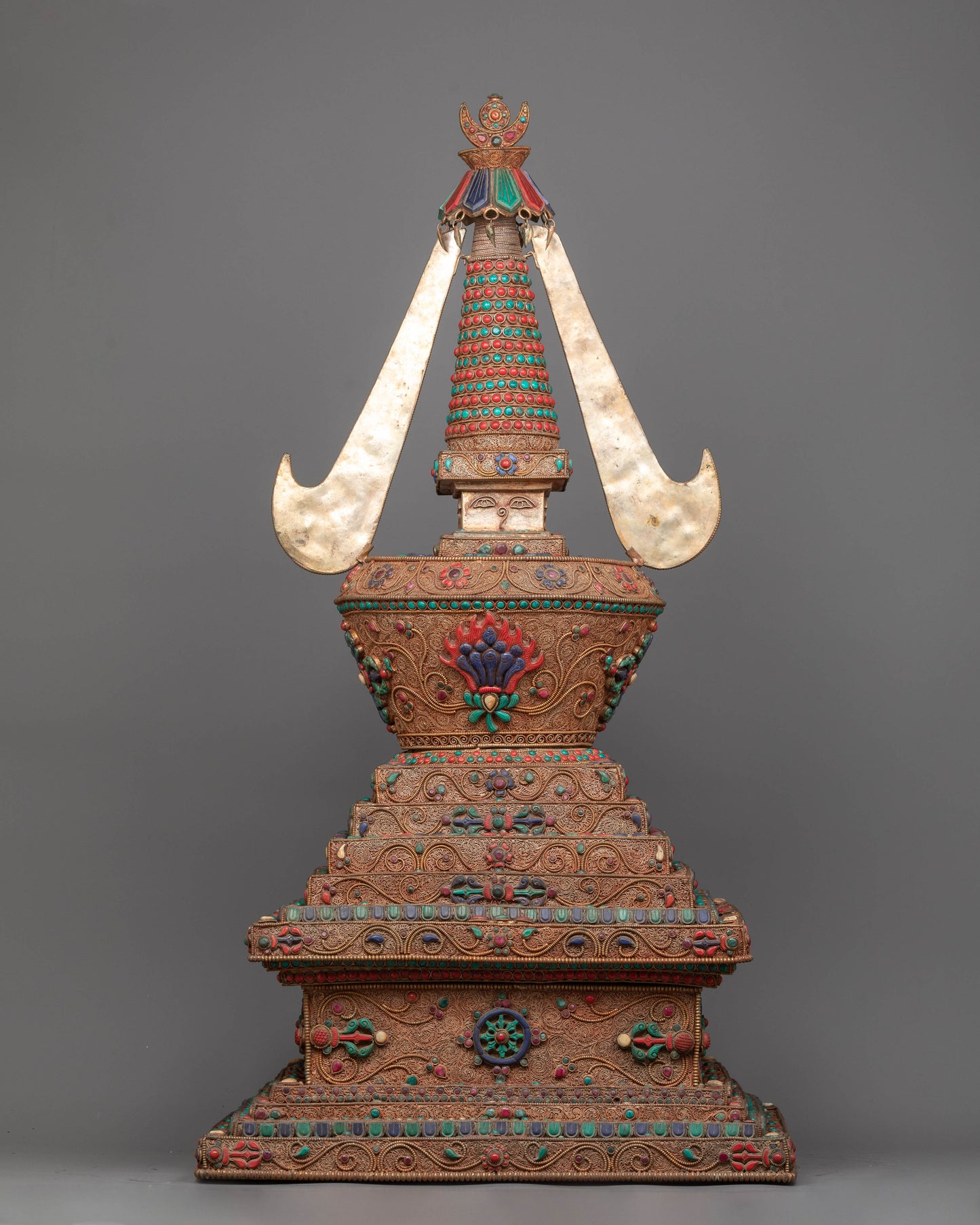 Copper Stupa Tibetan Altar | Reverence and Majesty in 24k Gold-Plated Splendor