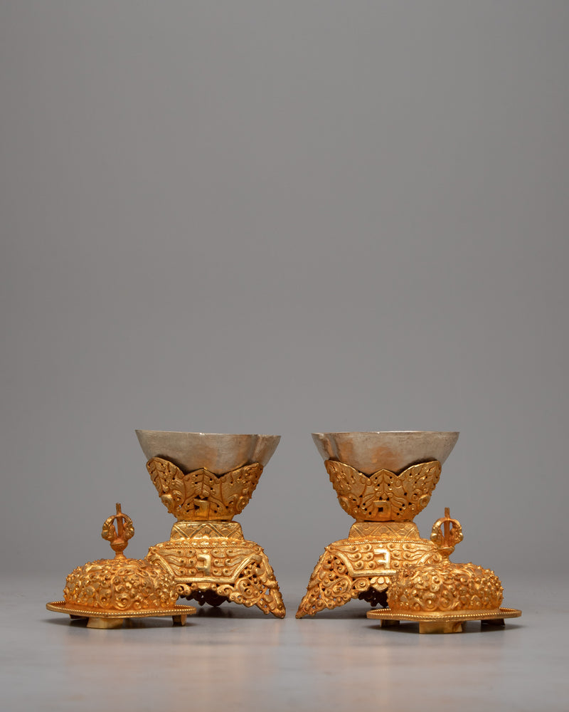 Tibetan Buddhist Kapala Set | Adorned in 24K Gold, Symbolizing Divine Purity