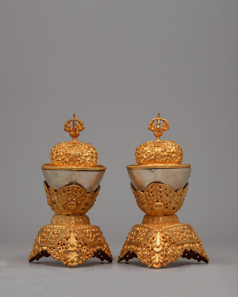 Tibetan Buddhist Kapala Set | Adorned in 24K Gold, Symbolizing Divine Purity