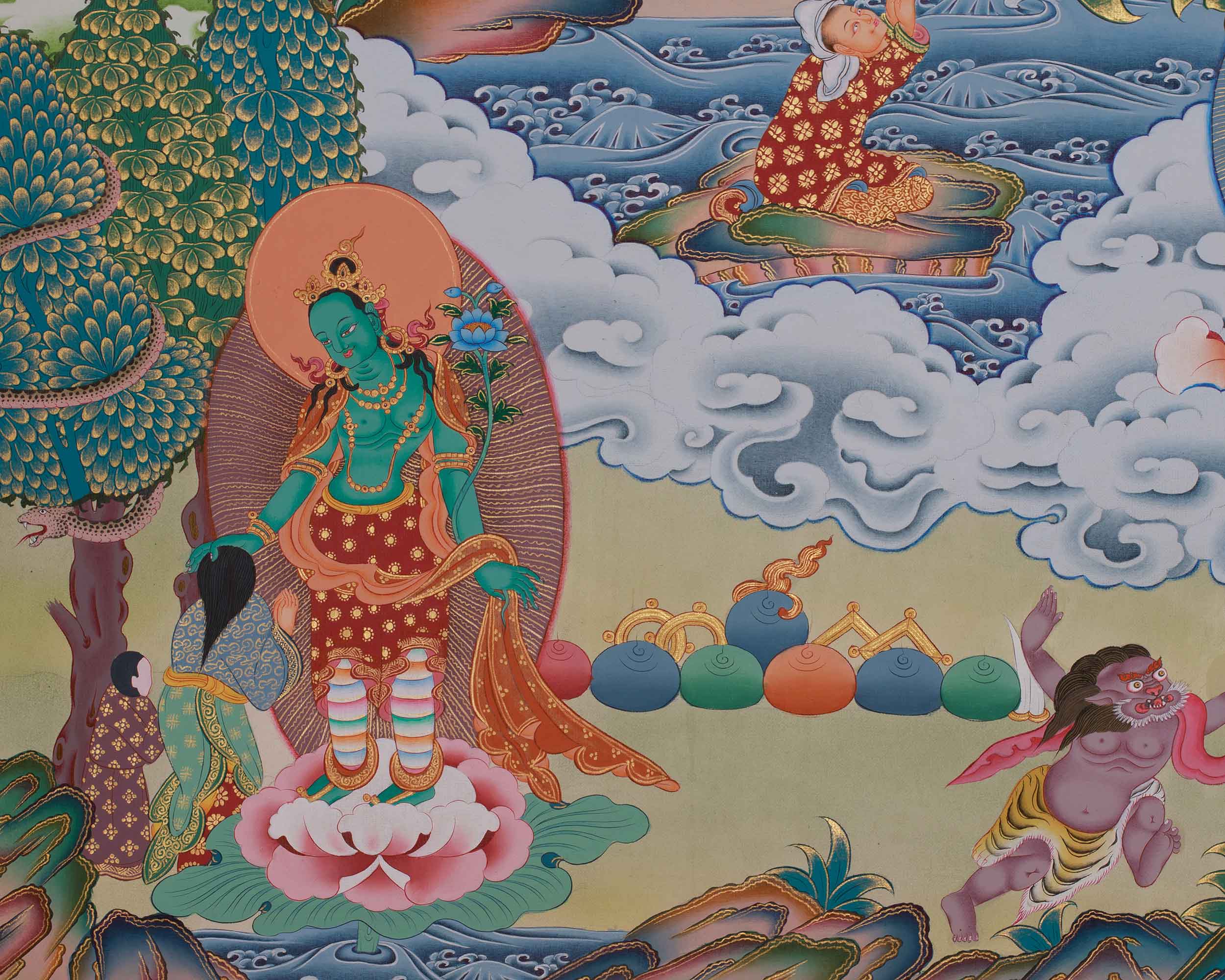 Shyama Tara Buddhist Thangka | Compassionate Goddess Green Tara