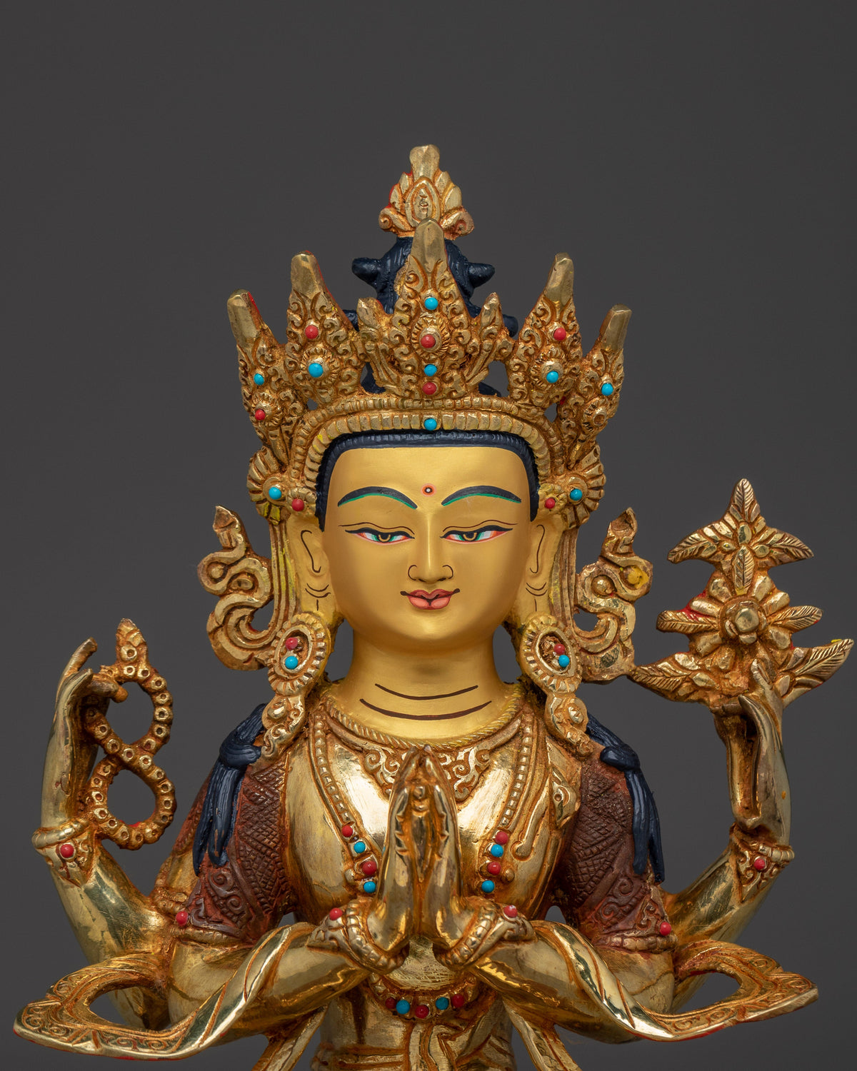 Handmade Avalokiteshvara Copper Statue | 24K Gold Gilded Chenrezig