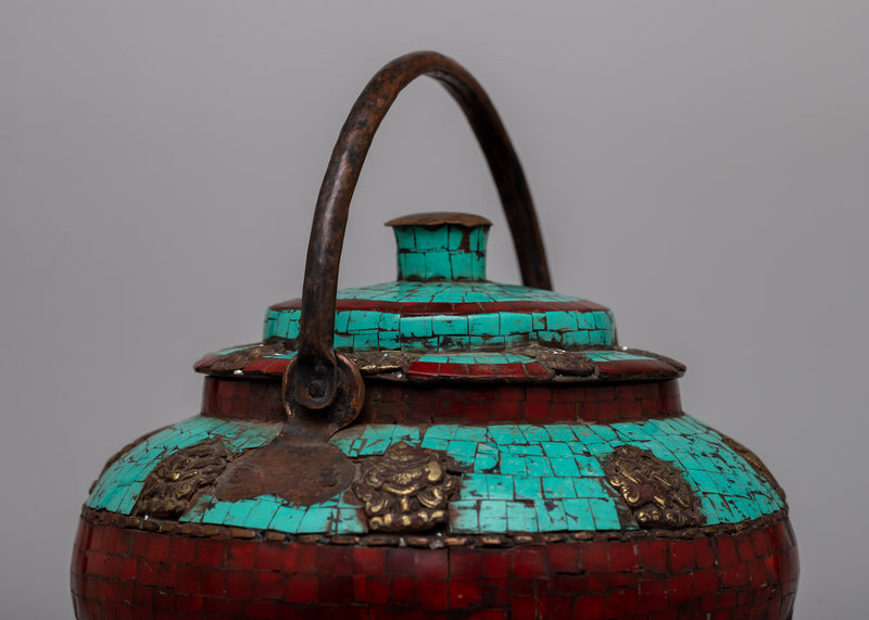 Copper Tea Pot Small | Adorned with Cut Turquoise and Coral Stones for Elegance