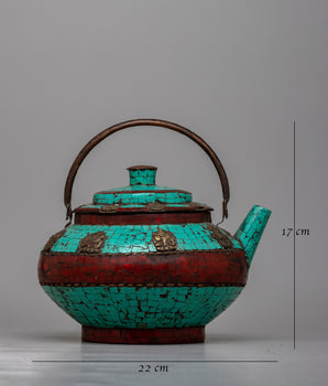 Copper Tea Pot Small | Adorned with Cut Turquoise and Coral Stones for Elegance