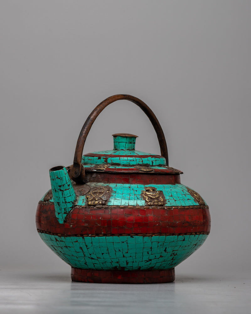 Copper Tea Pot Small | Adorned with Cut Turquoise and Coral Stones for Elegance