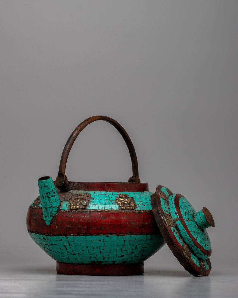 Copper Tea Pot Small | Adorned with Cut Turquoise and Coral Stones for Elegance