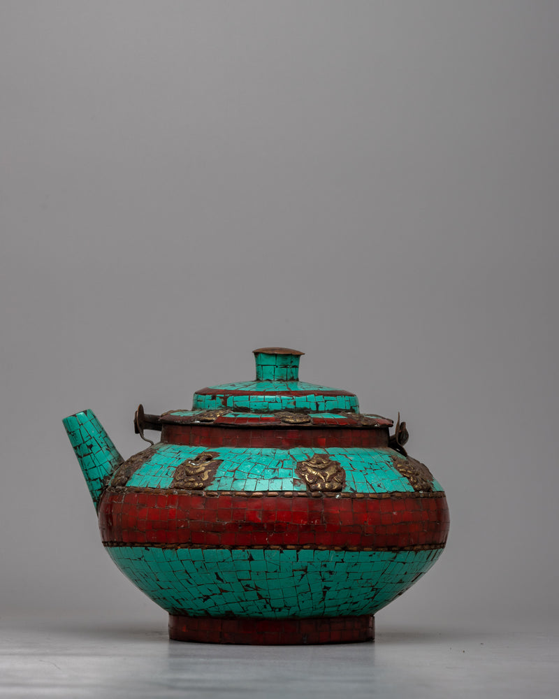 Copper Tea Pot Small | Adorned with Cut Turquoise and Coral Stones for Elegance