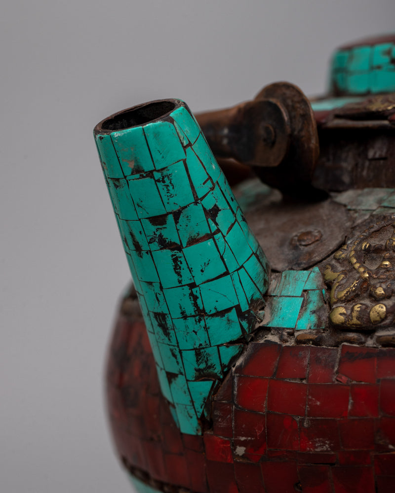 Copper Tea Pot Small | Adorned with Cut Turquoise and Coral Stones for Elegance