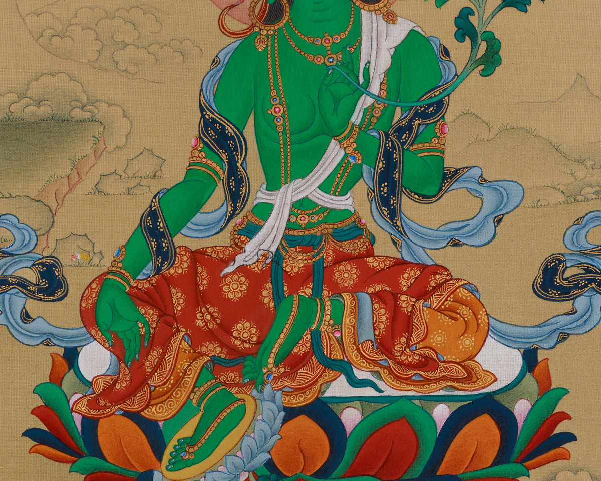 Divine Green Tara With Amitabha Buddha Thangka | Compassion, and Pure Land Blessings