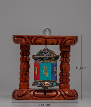 Tibetan Copper Prayer Wheel | Encased in a Wooden Frame for Traditional Elegance
