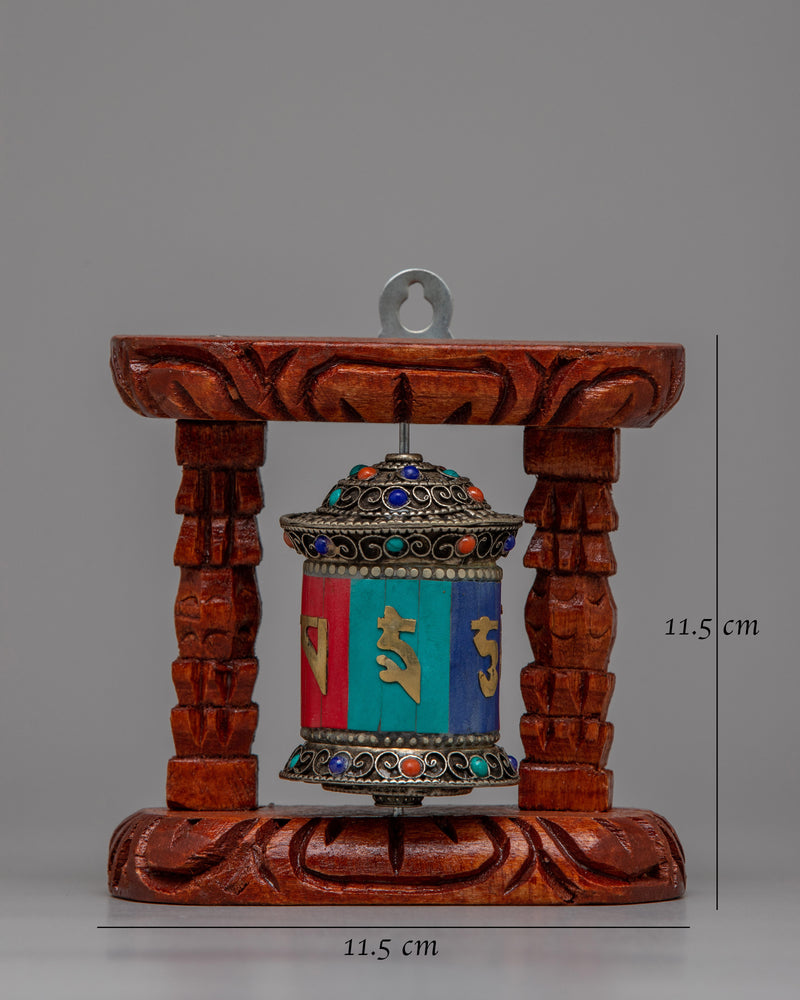 Tibetan Copper Prayer Wheel | Encased in a Wooden Frame for Traditional Elegance