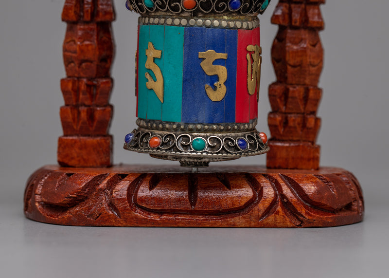 Tibetan Copper Prayer Wheel | Encased in a Wooden Frame for Traditional Elegance