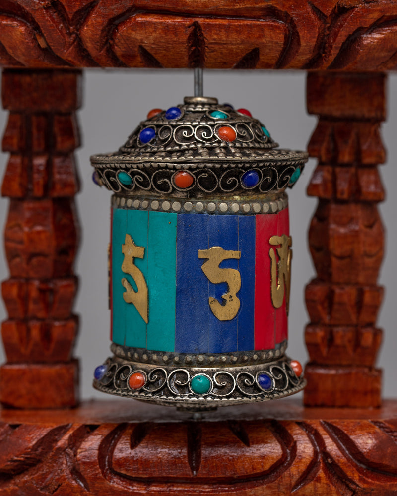 Tibetan Copper Prayer Wheel | Encased in a Wooden Frame for Traditional Elegance