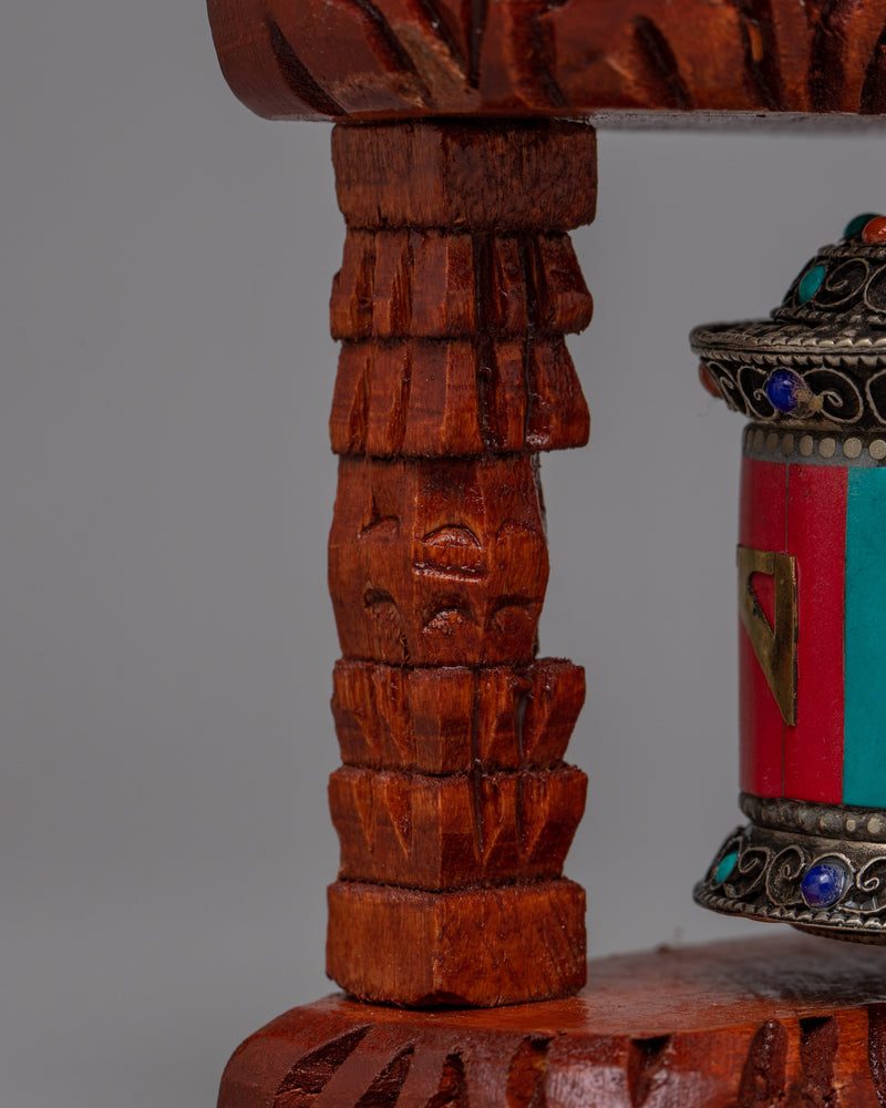 Tibetan Copper Prayer Wheel | Encased in a Wooden Frame for Traditional Elegance