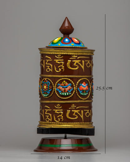 Buddhist Mantra Prayer Wheel | Crafted in Copper with Acrylic Painting for Sacred Devotion