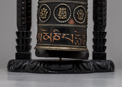 Buddhist Prayer Wheel Mantra Carved with Wooden Frame - Evamratna