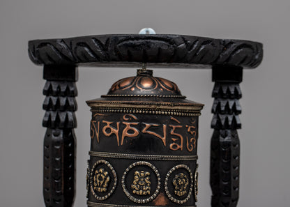 Buddhist Prayer Wheel Mantra Carved with Wooden Frame - Evamratna