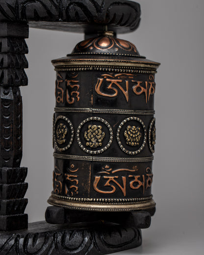 Buddhist Prayer Wheel Mantra Carved with Wooden Frame - Evamratna