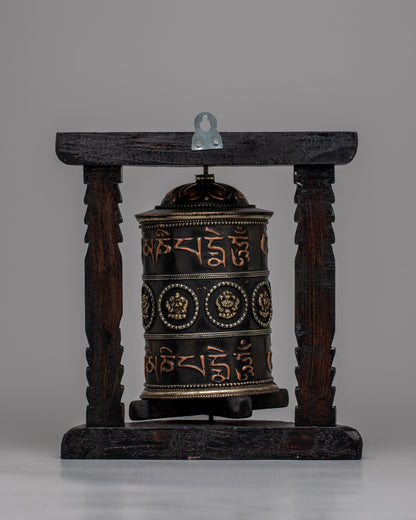 Buddhist Prayer Wheel Mantra Carved with Wooden Frame - Evamratna