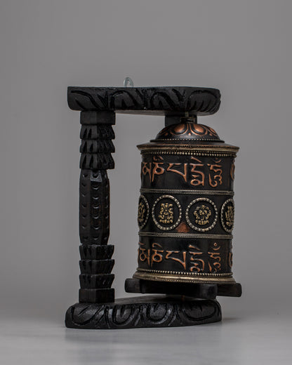 Buddhist Prayer Wheel Mantra Carved with Wooden Frame - Evamratna