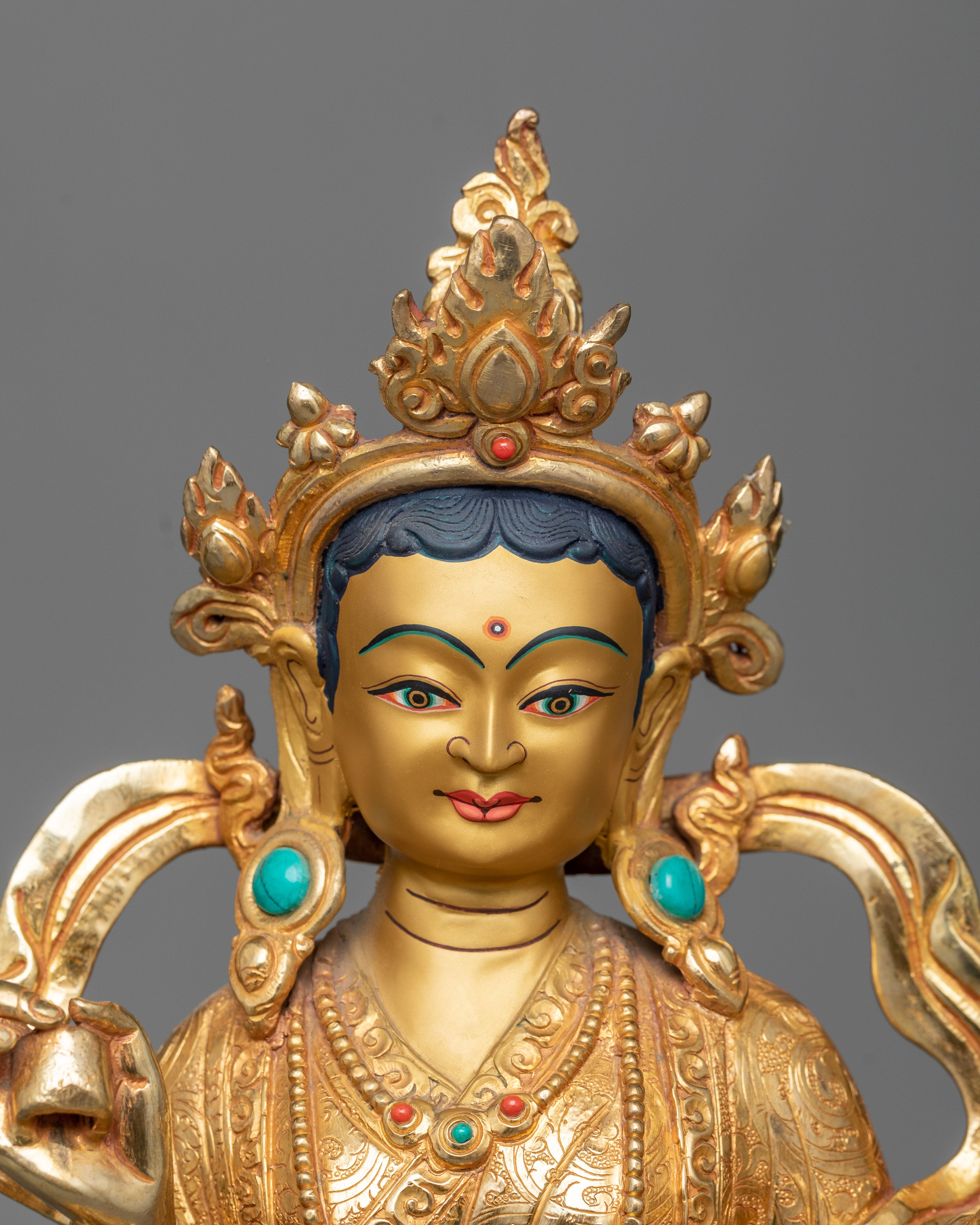 Guru Rinpoche and Two Disciples Statue | Serene Presence in Gleaming Copper
