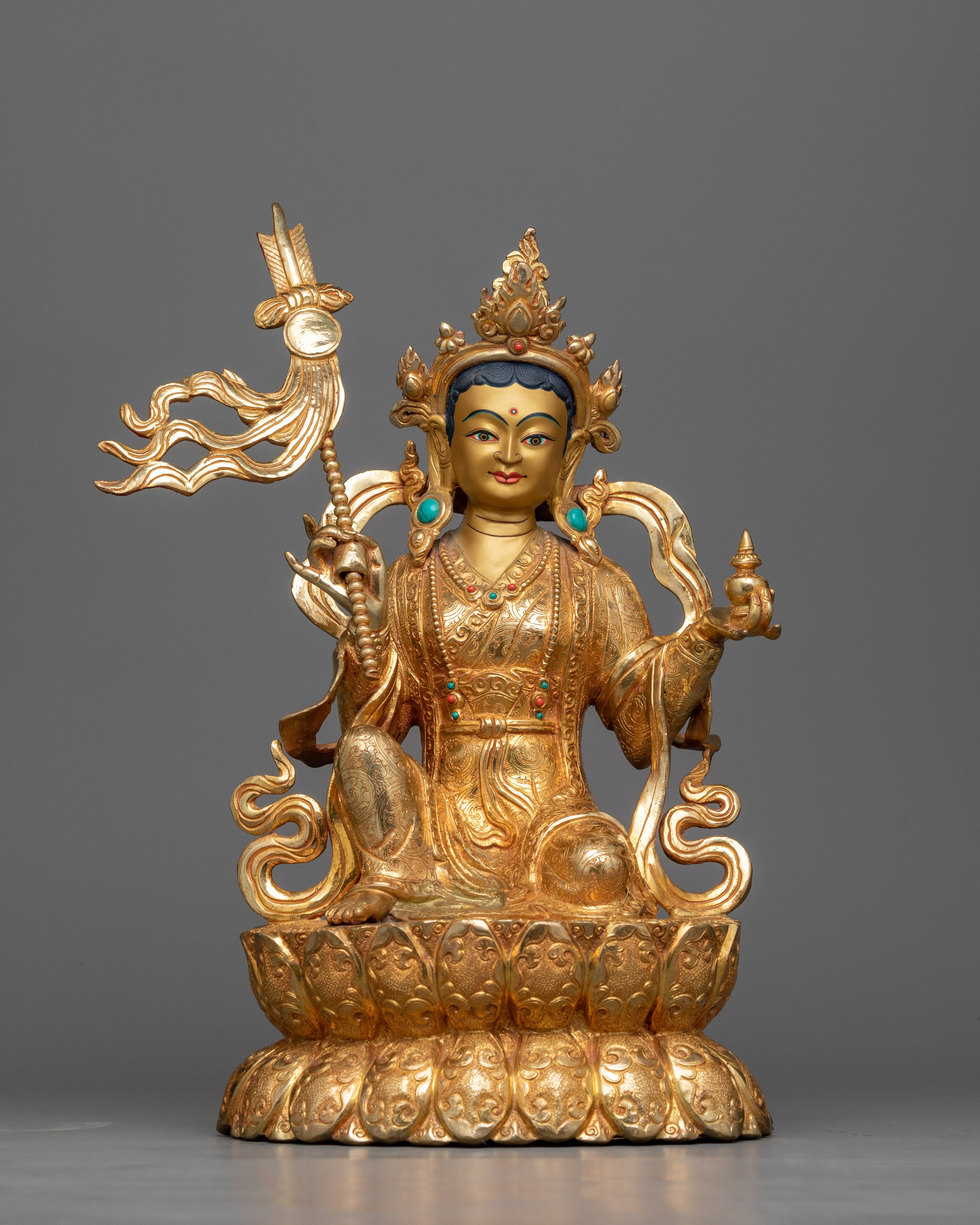 Guru Rinpoche and Two Disciples Statue | Serene Presence in Gleaming Copper