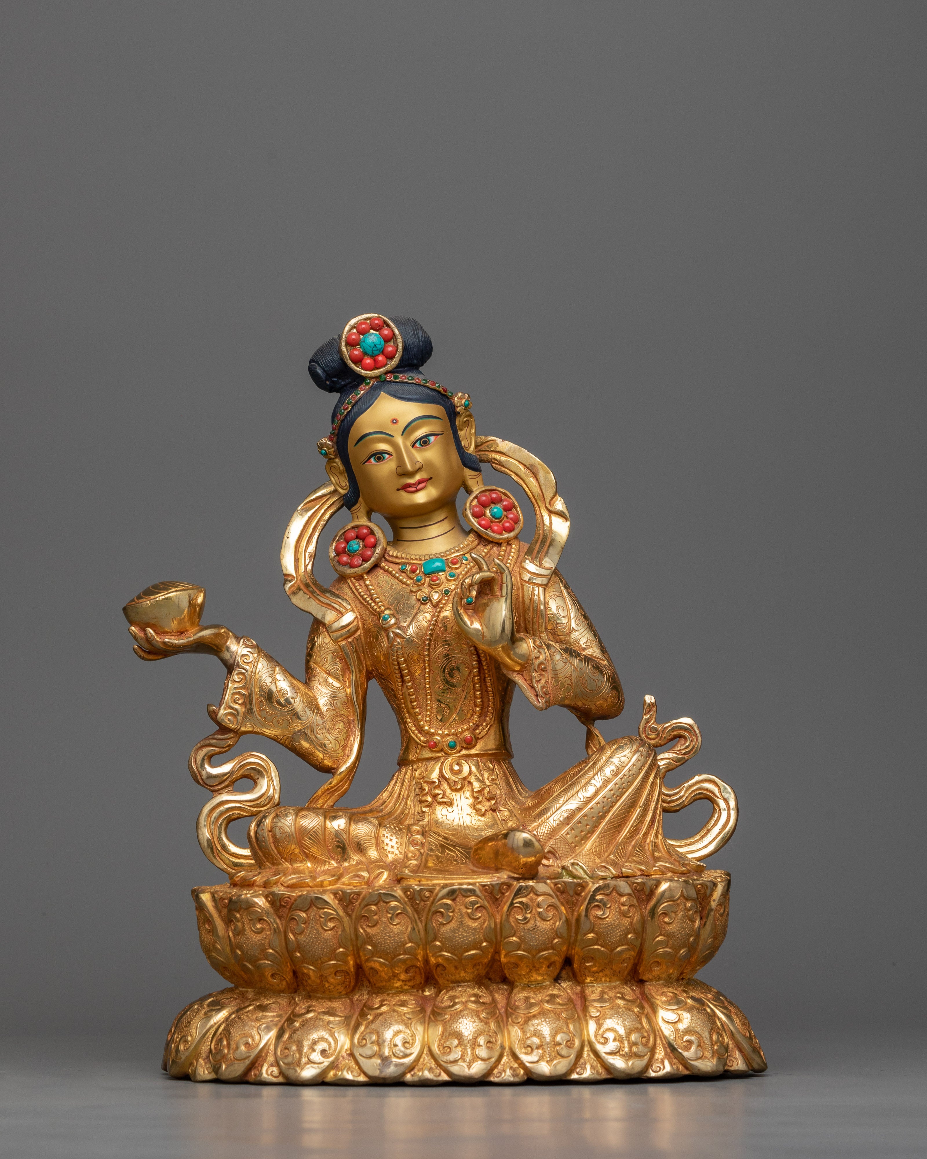 Guru Rinpoche and Two Disciples Statue | Serene Presence in Gleaming Copper
