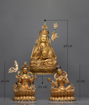 Guru Rinpoche and Two Disciples Statue | Serene Presence in Gleaming Copper