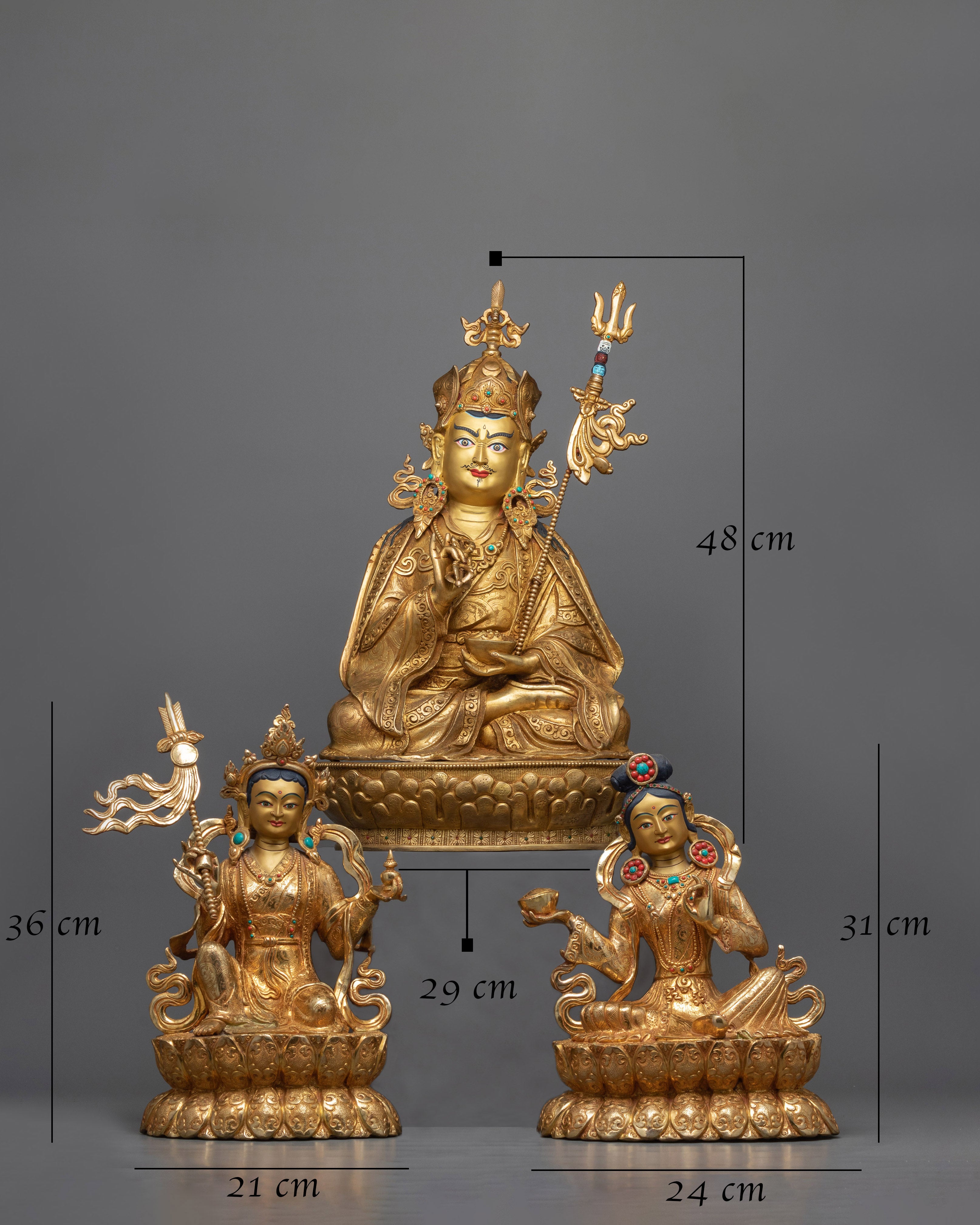 Guru Rinpoche and Two Disciples Statue | Serene Presence in Gleaming Copper