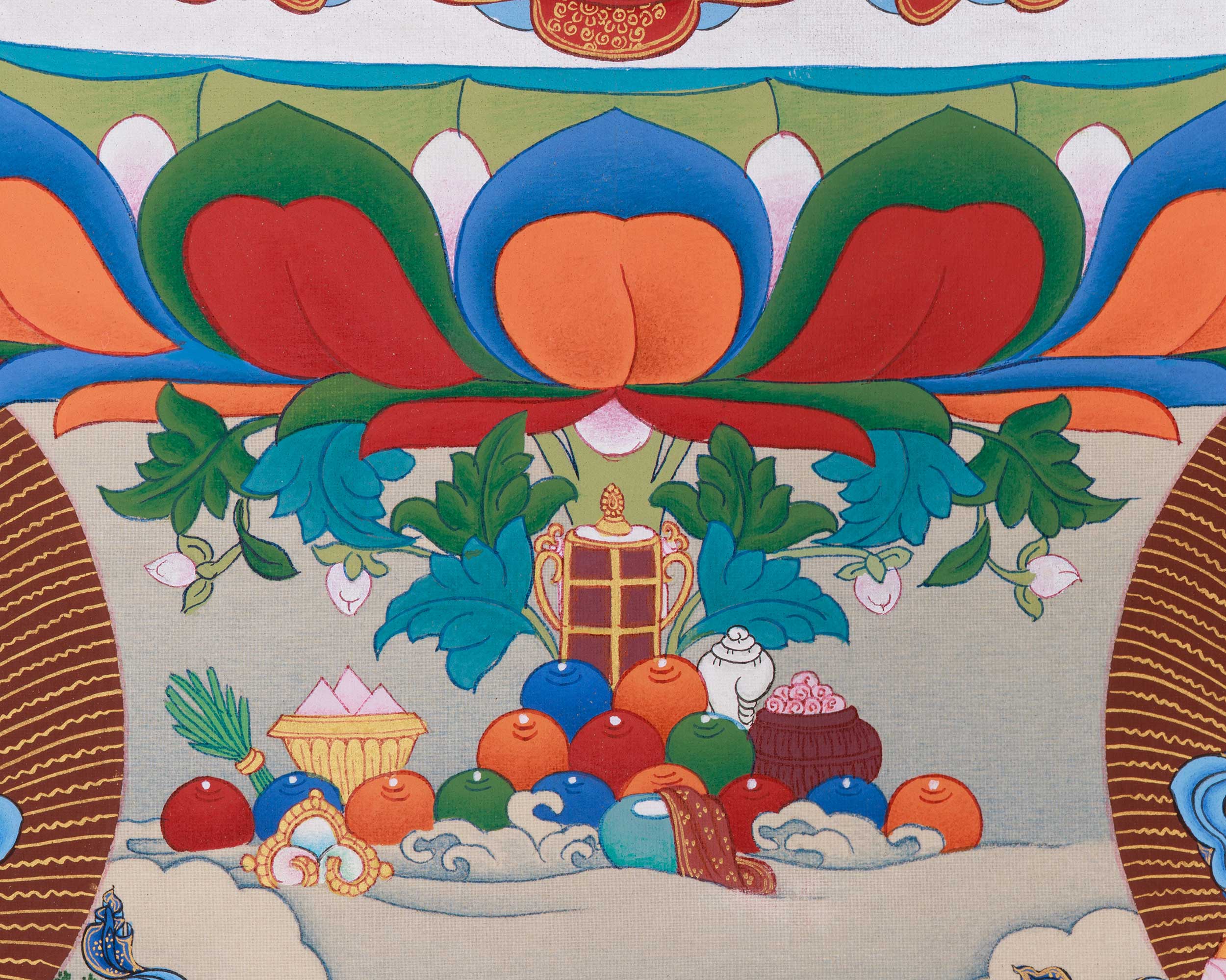 Sacred Manjushri, White Tara, and Dzambhala Thangka | Knowledge, Protection, and Prosperity