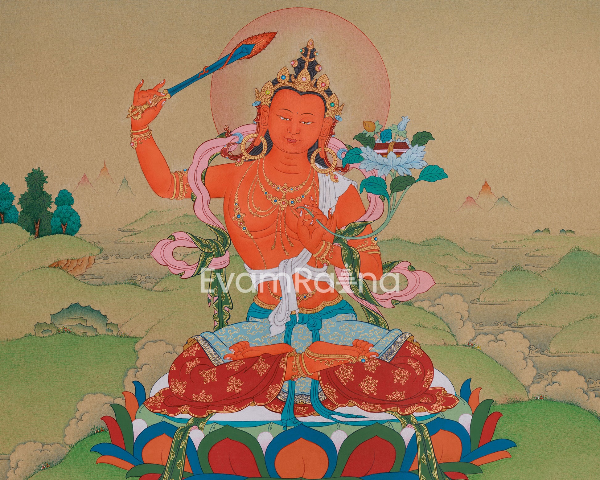 a colorful and ornate depiction of a Buddhist deity, possibly a deity or deity figure, with intricate details and vibrant colors.