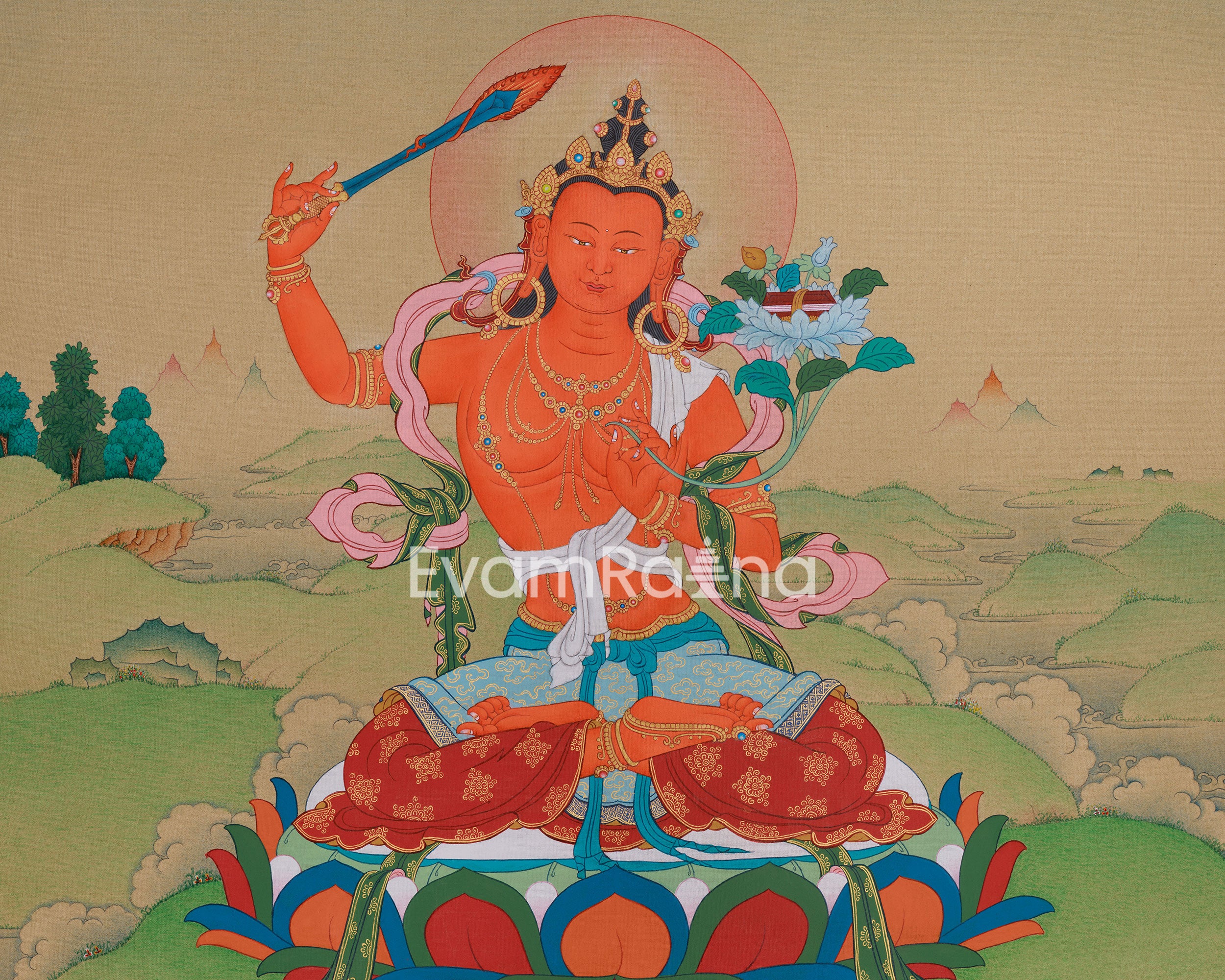 a colorful and ornate depiction of a Buddhist deity, possibly a deity or deity figure, with intricate details and vibrant colors.