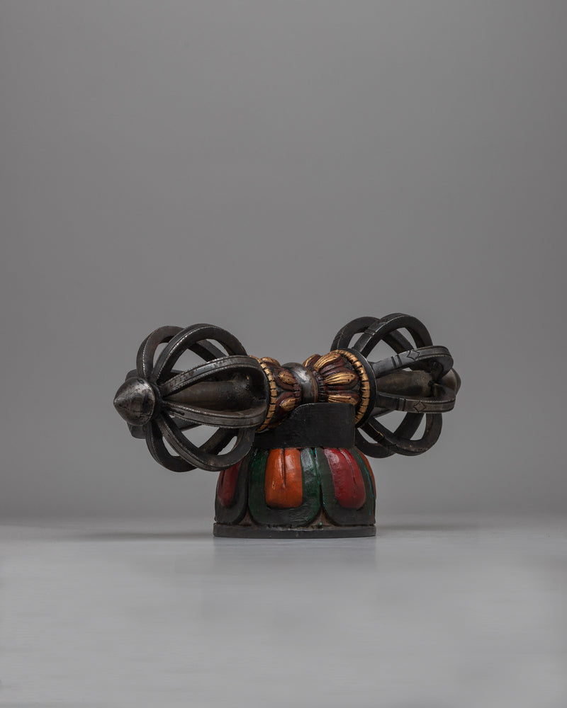 Tibetan Vajra on Wooden Stand | Fusion of Spiritual Symbolism and Natural Elegance