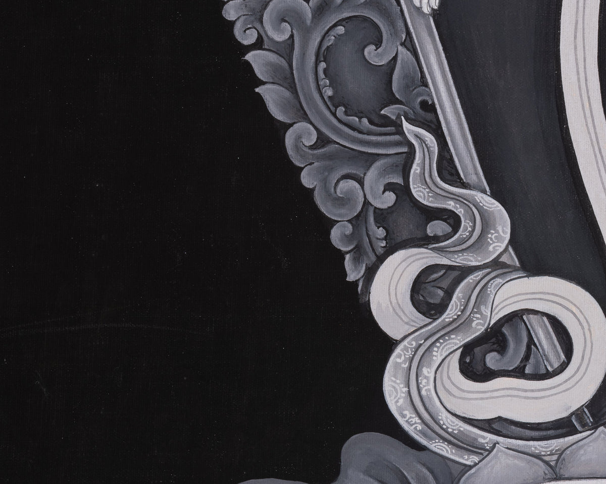 Black and White Bodhisattva Chenrezig Thangka | Avalokiteshvara Art | Compassion Deity