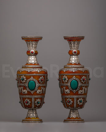 Tibetan Pair Silver Flower Vase