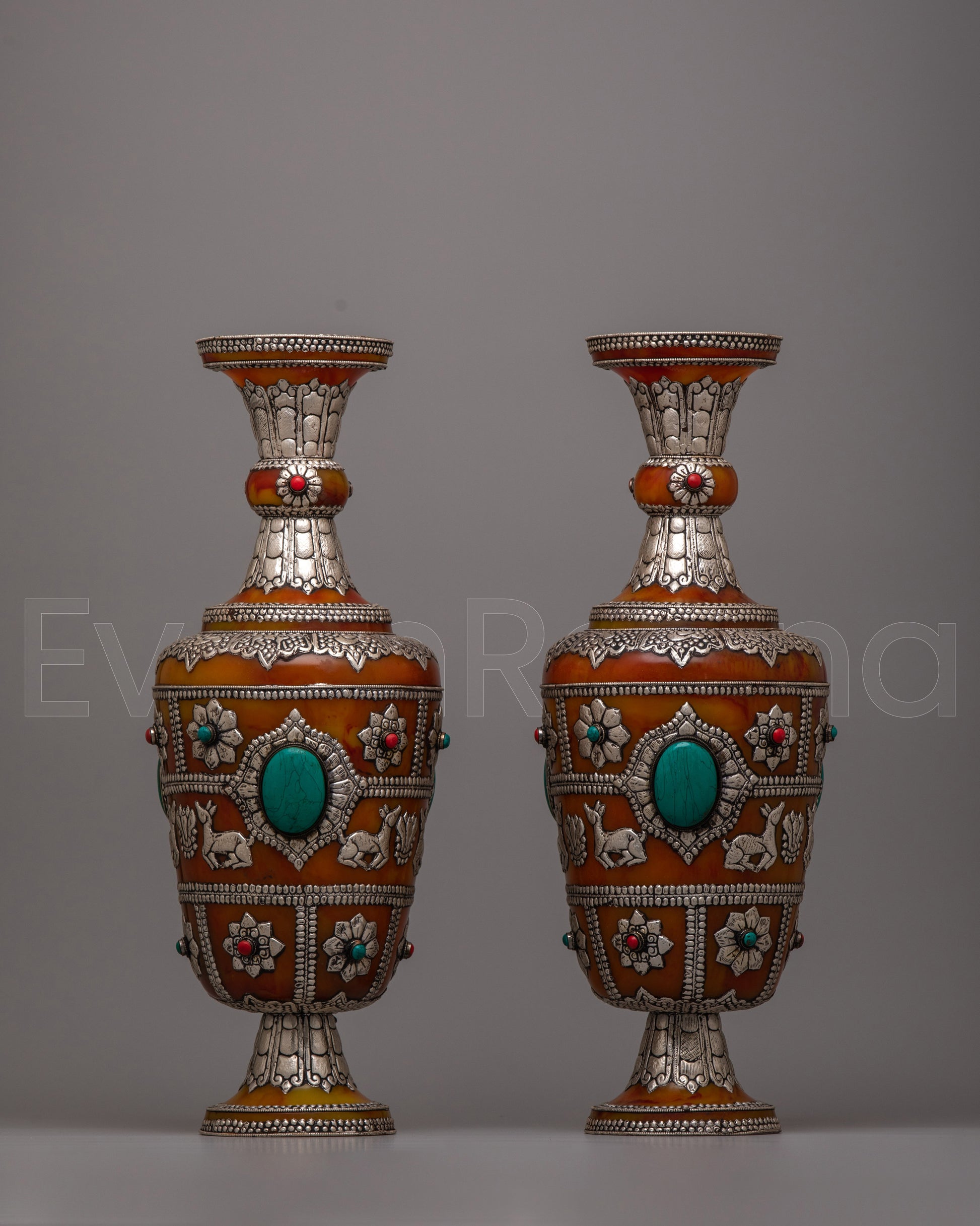 Tibetan Pair Silver Flower Vase