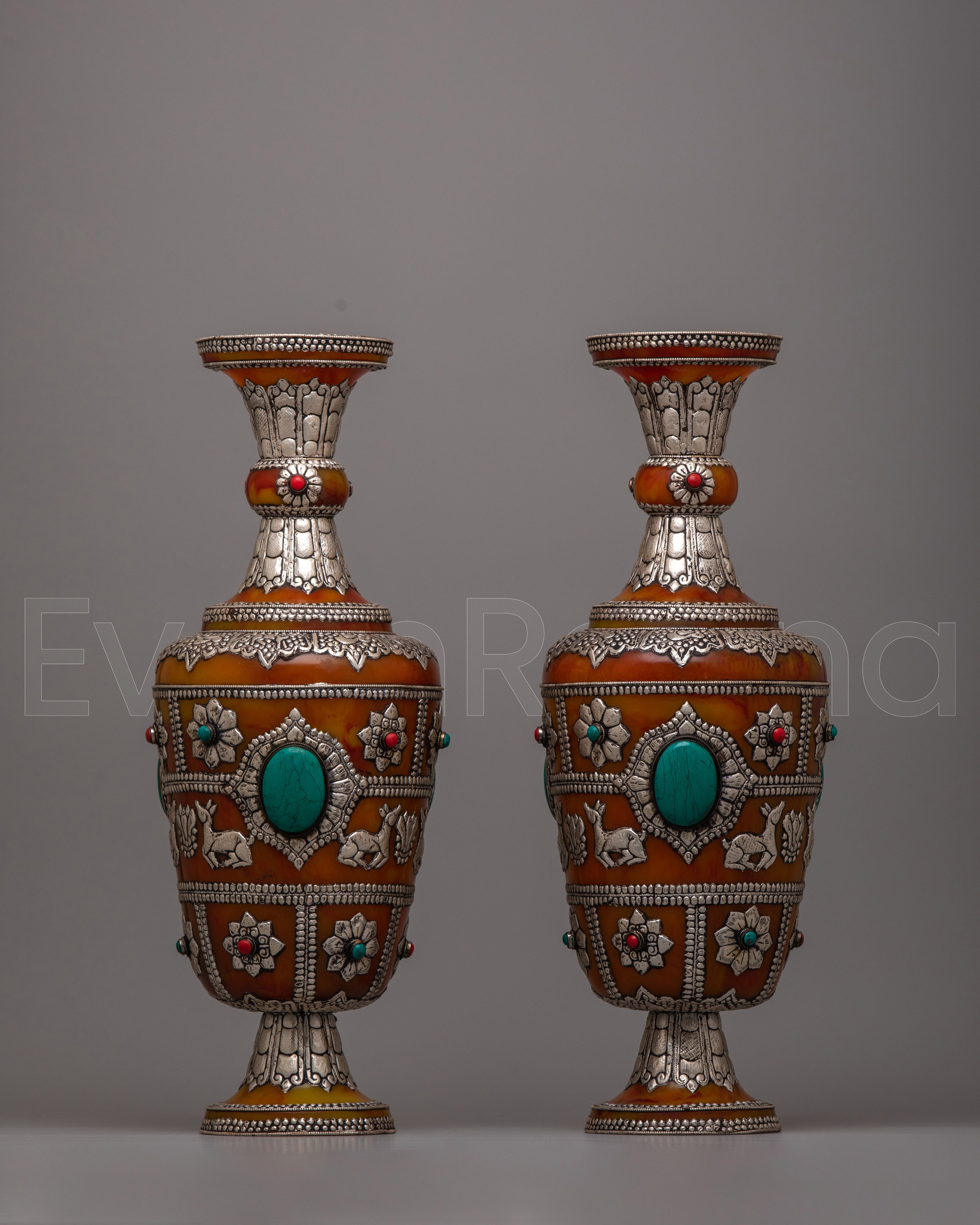 Tibetan Pair Silver Flower Vase