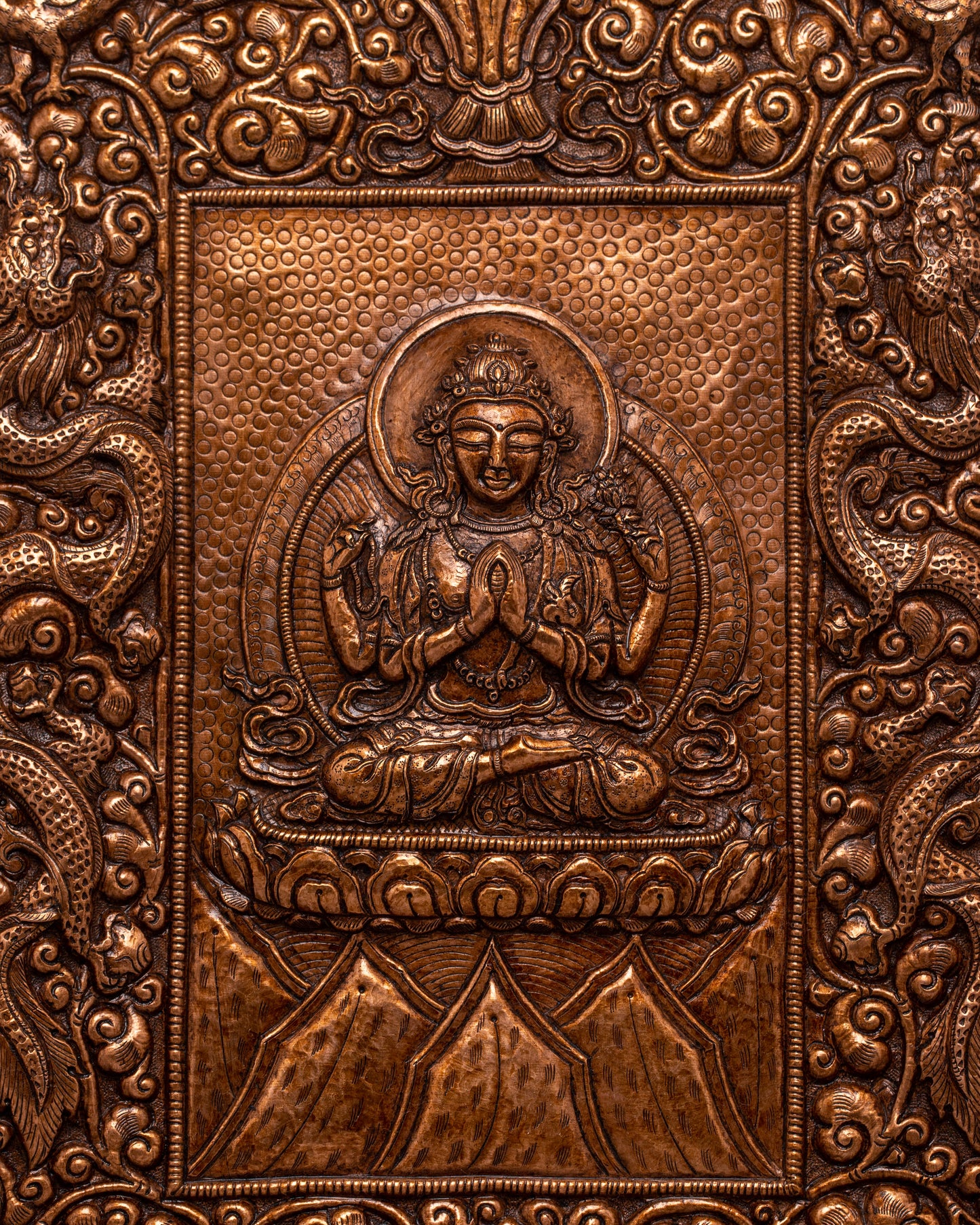 Copper Chenrezig Metal Wall Hanging | Buddhist Deity Sculpture for Cultivating Loving-Kindness