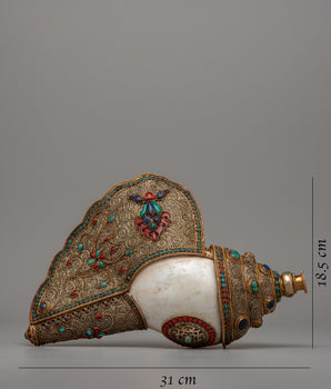 Tibet Silver Decorated Conch Shell | Exquisitely Decorated Symbol of Spiritual Significance