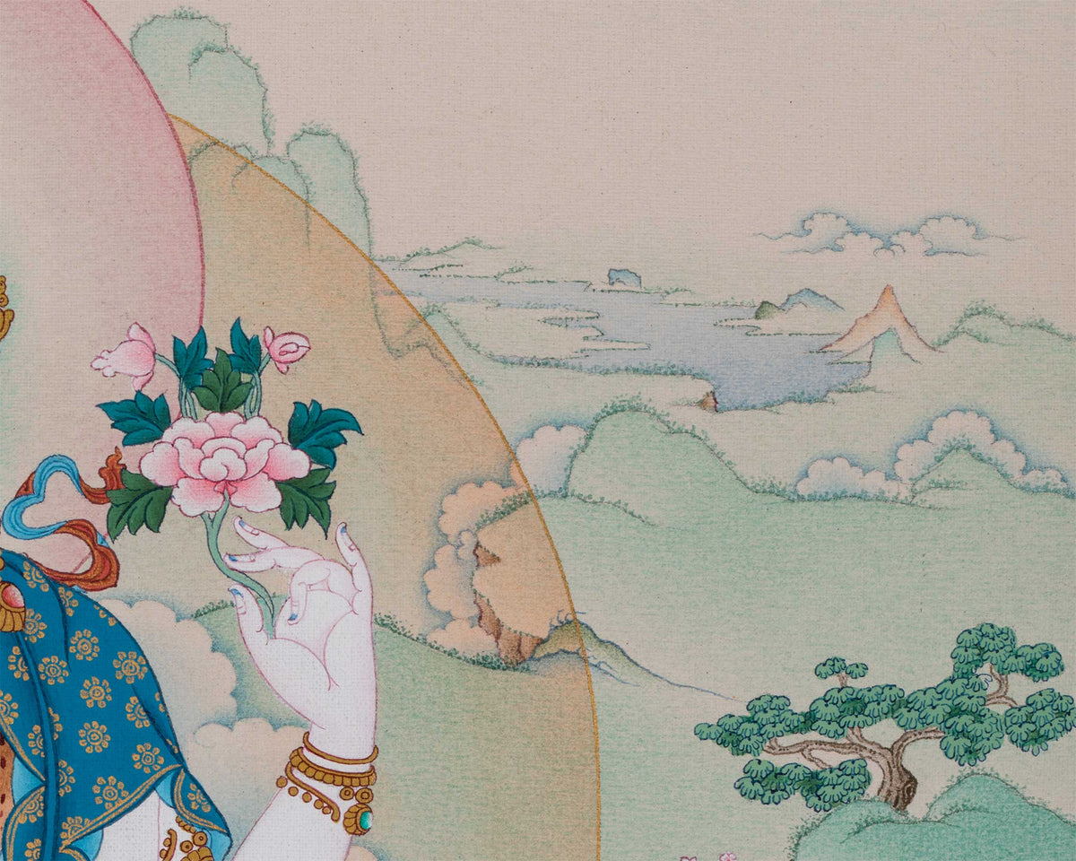 4 Armed Avalokiteshvara Thangka Print | Bodhisattva Avalokiteshvara With Buddha Amitabha