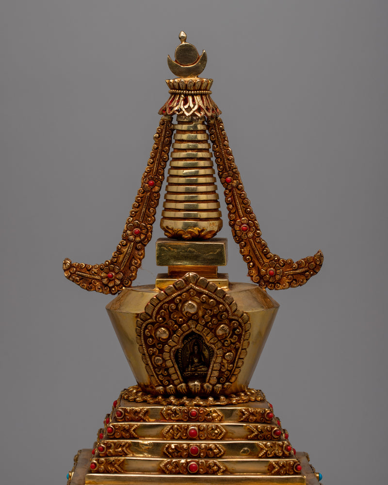 Beautiful Gold Plated Tibetan Stupa | Spiritual Ornament for Home and Altar