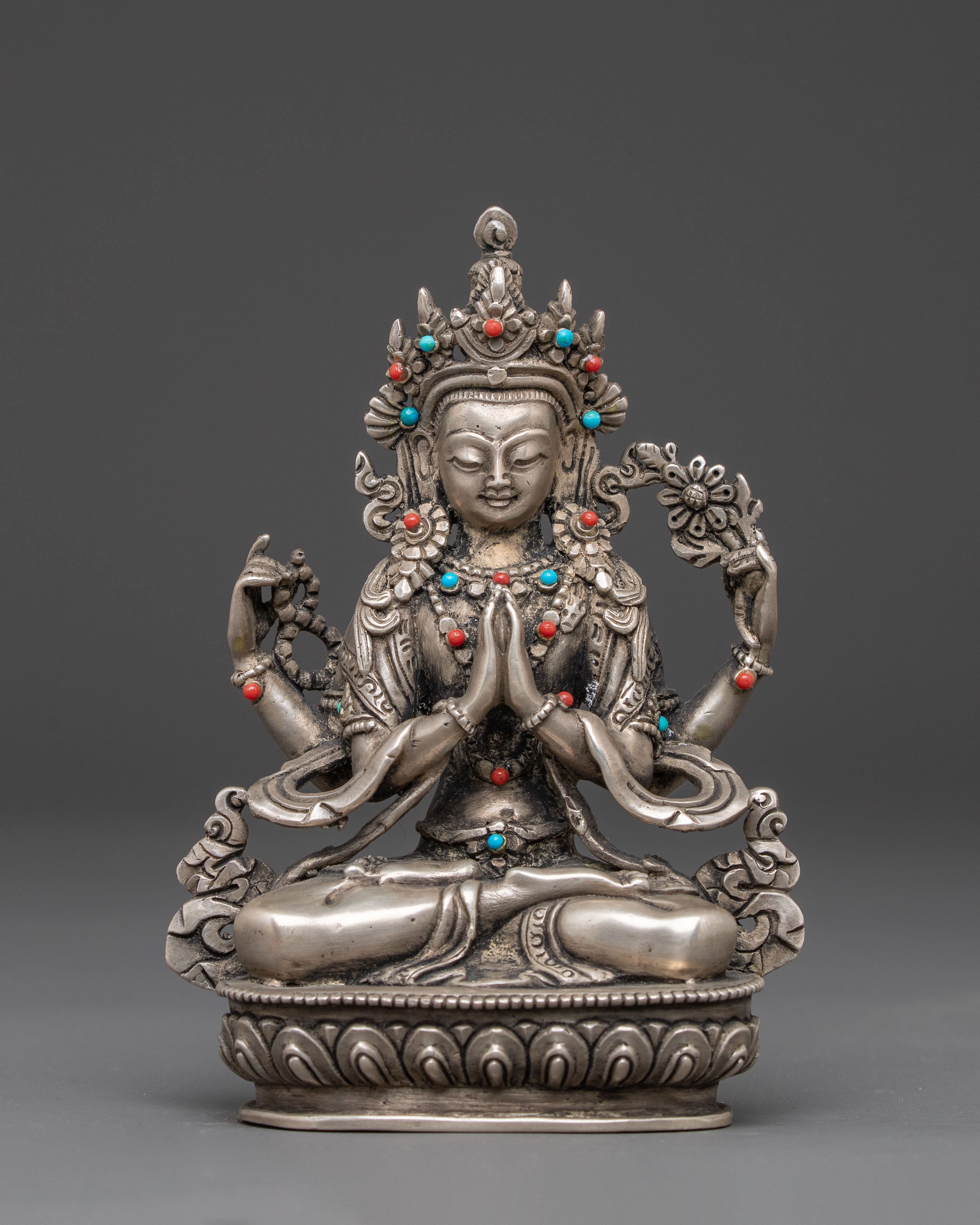 Handmade Silver Chenrezig Statue | Compassion Buddha Sculpture