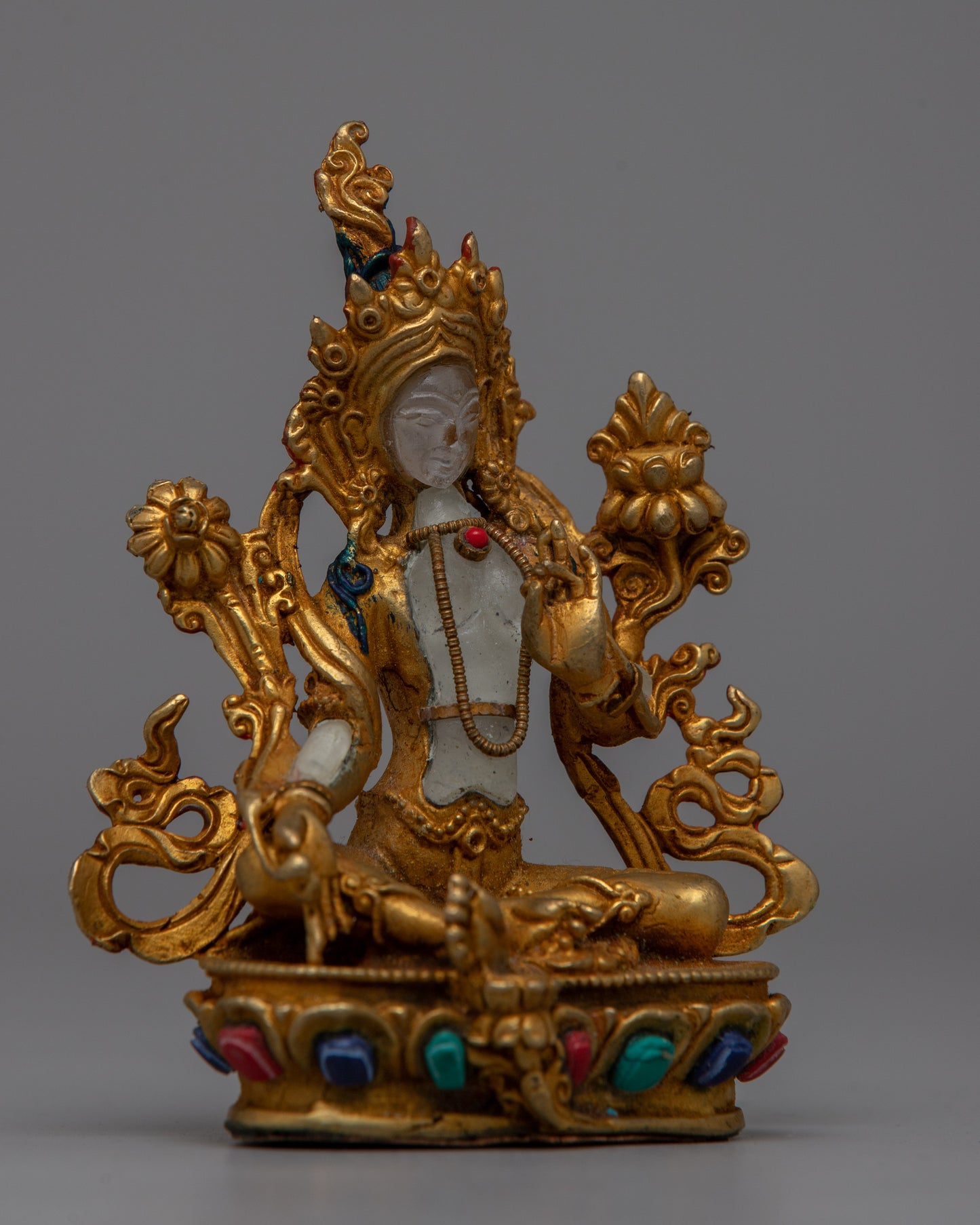 Tibetan Green Tara Statue | Crafted from Crystal Stone and Copper for Radiant Harmony