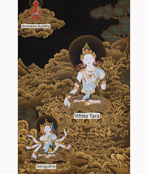 Three Deities of Long Life: White Tara, Amitayus, and Namgyalma | Gold Embellished Thangka