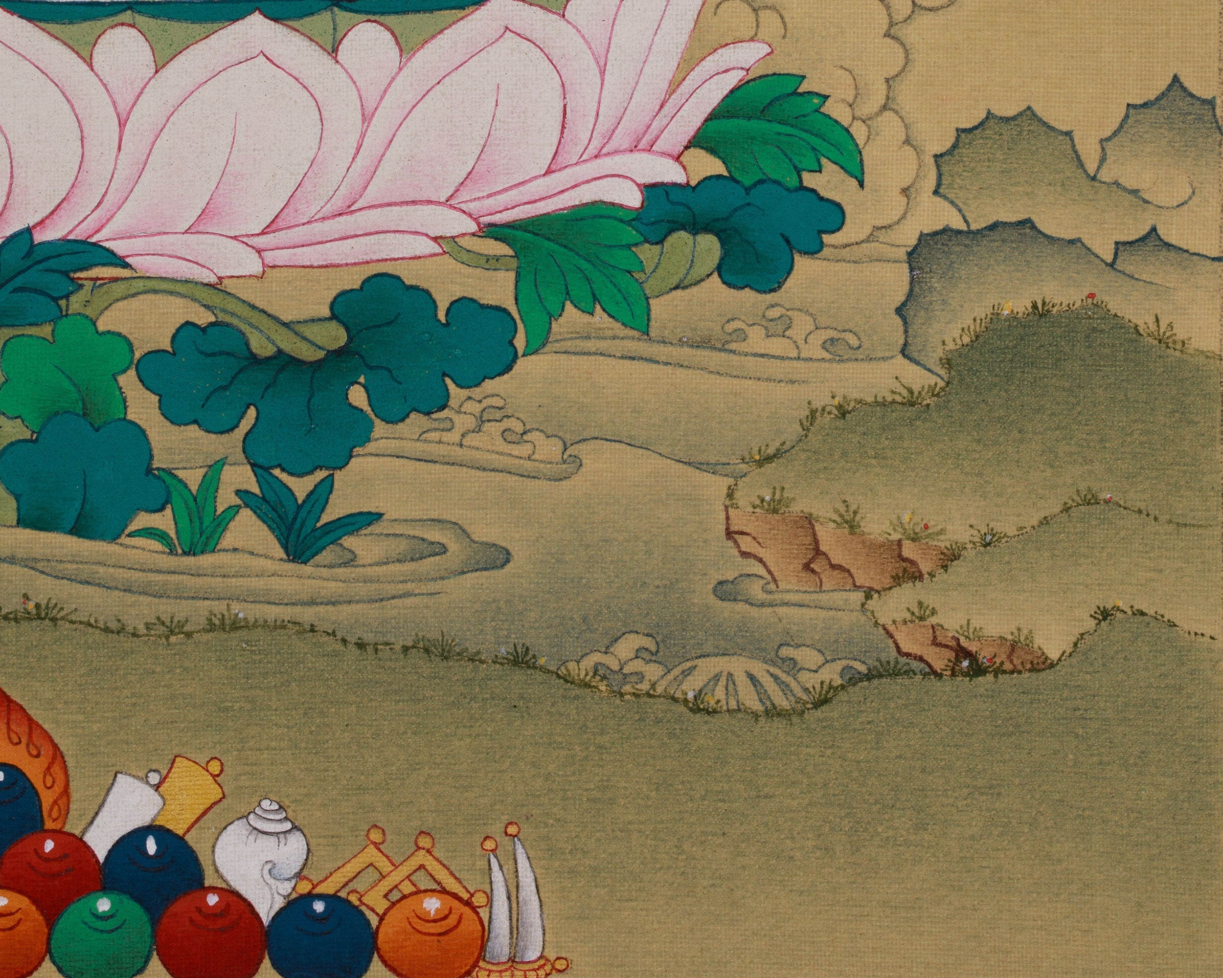 Tibetan Chenrezig with Amitabha Buddha Art | Avalokiteshvara Thangka