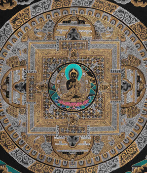 Black Silver and Gold Buddha Mandala | Traditional Tibetan Buddhist Art