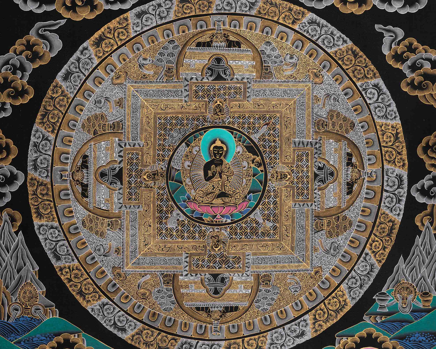 Black Silver and Gold Buddha Mandala | Traditional Tibetan Buddhist Art